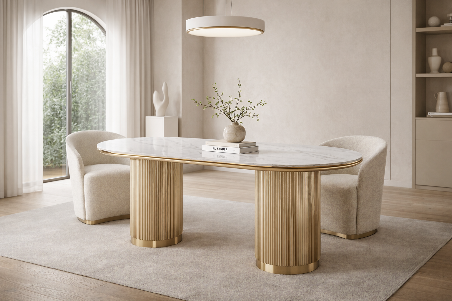 STÓŁ JADALNIANY w kolorze szampańskiego złota, nogi w kształcie walca, z pionowym ryflowaniem, owalny brat z marmuru syntetycznego, do salonu