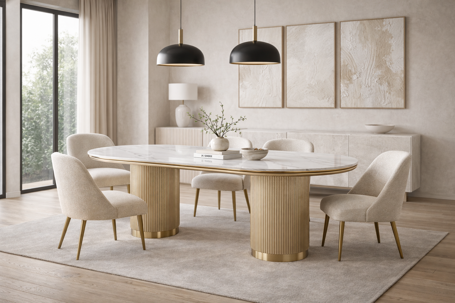STÓŁ JADALNIANY w kolorze szampańskiego złota, nogi w kształcie walca, z pionowym ryflowaniem, owalny brat z marmuru syntetycznego, premium