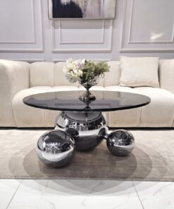 STOLIK KAWOWY Balance Orio, srebrna błyszcząca podstawa w formie trzech kul, okrągły czarny blat ze spieku kamiennego, nowoczesny styl, piękny