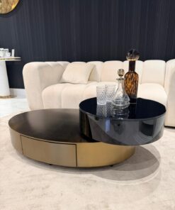 STOLIK KAWOWY Solari Ovale, obrotowy, duży stolik w kolorze szczotkowanego brązu, mały w kolorze czarnym z czarnym szkłem, nowoczesny