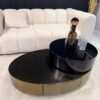 STOLIK KAWOWY Solari Ovale, obrotowy, duży stolik w kolorze szczotkowanego brązu, mały w kolorze czarnym z czarnym szkłem, nowoczesny, ekskluzywny