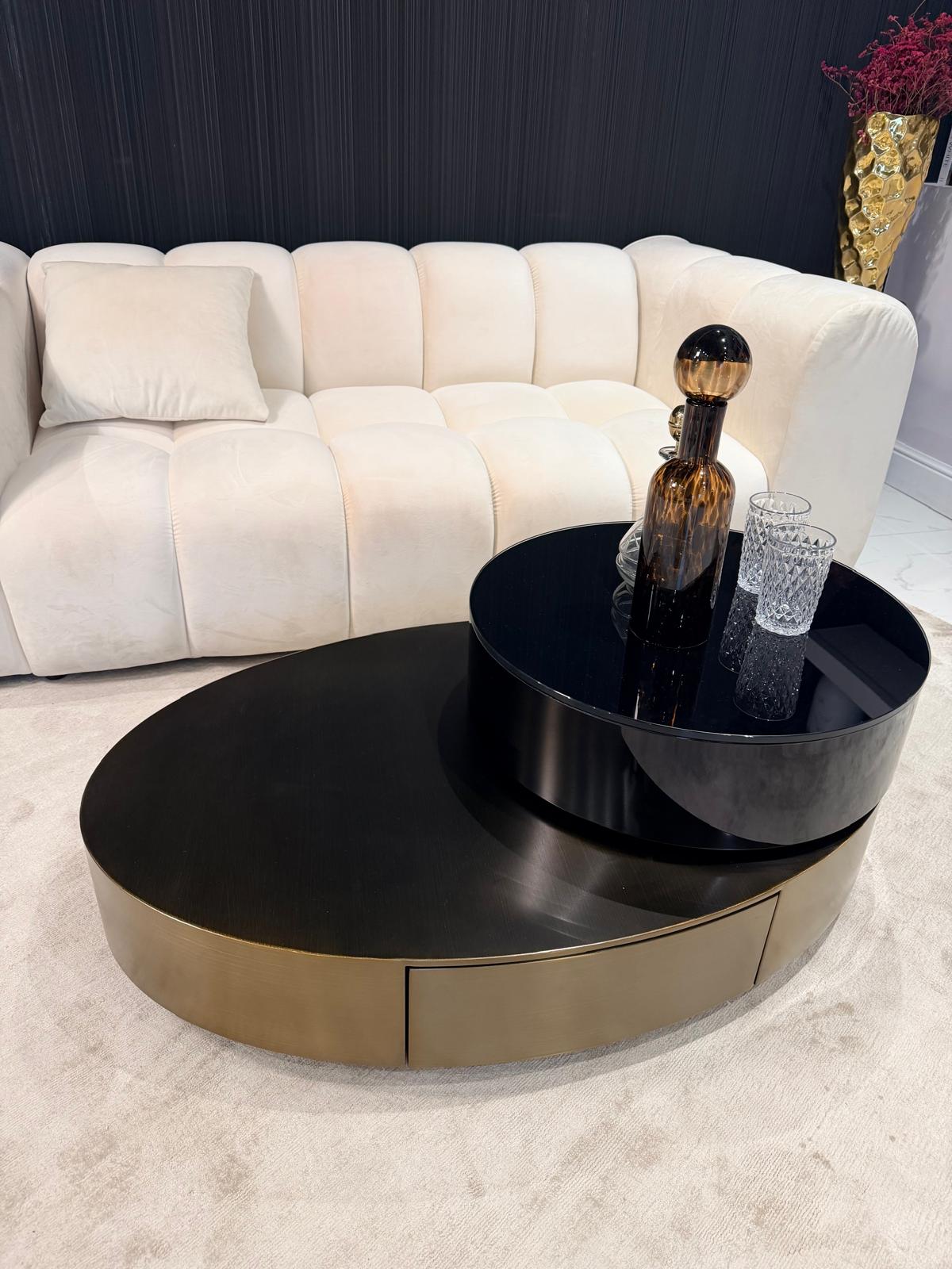 STOLIK KAWOWY Solari Ovale, obrotowy, duży stolik w kolorze szczotkowanego brązu, mały w kolorze czarnym z czarnym szkłem, nowoczesny, ekskluzywny