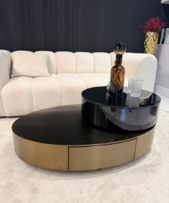 STOLIK KAWOWY Solari Ovale, obrotowy, duży stolik w kolorze szczotkowanego brązu, mały w kolorze czarnym z czarnym szkłem, nowoczesny, piękny