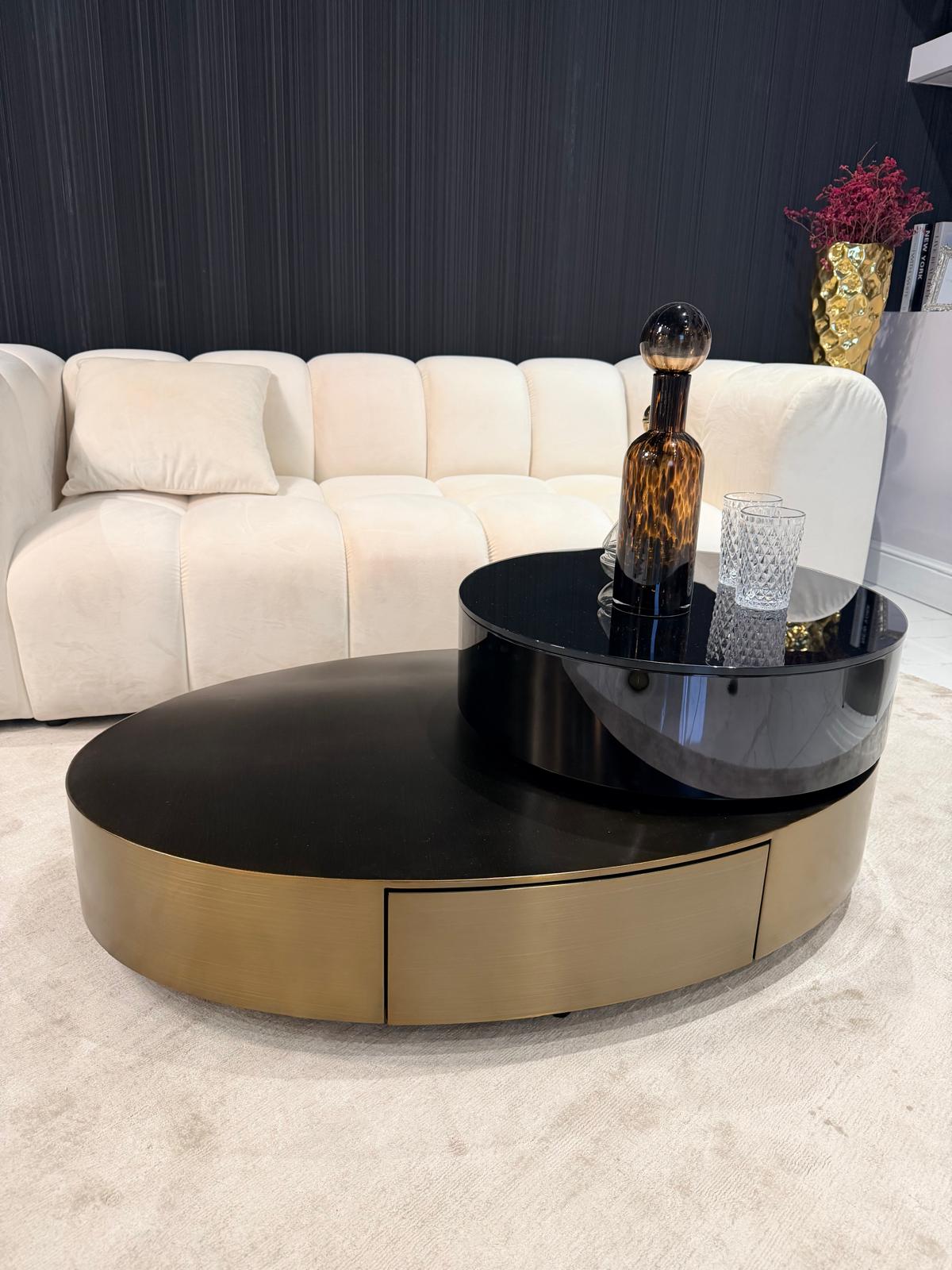 STOLIK KAWOWY Solari Ovale, obrotowy, duży stolik w kolorze szczotkowanego brązu, mały w kolorze czarnym z czarnym szkłem, nowoczesny, piękny