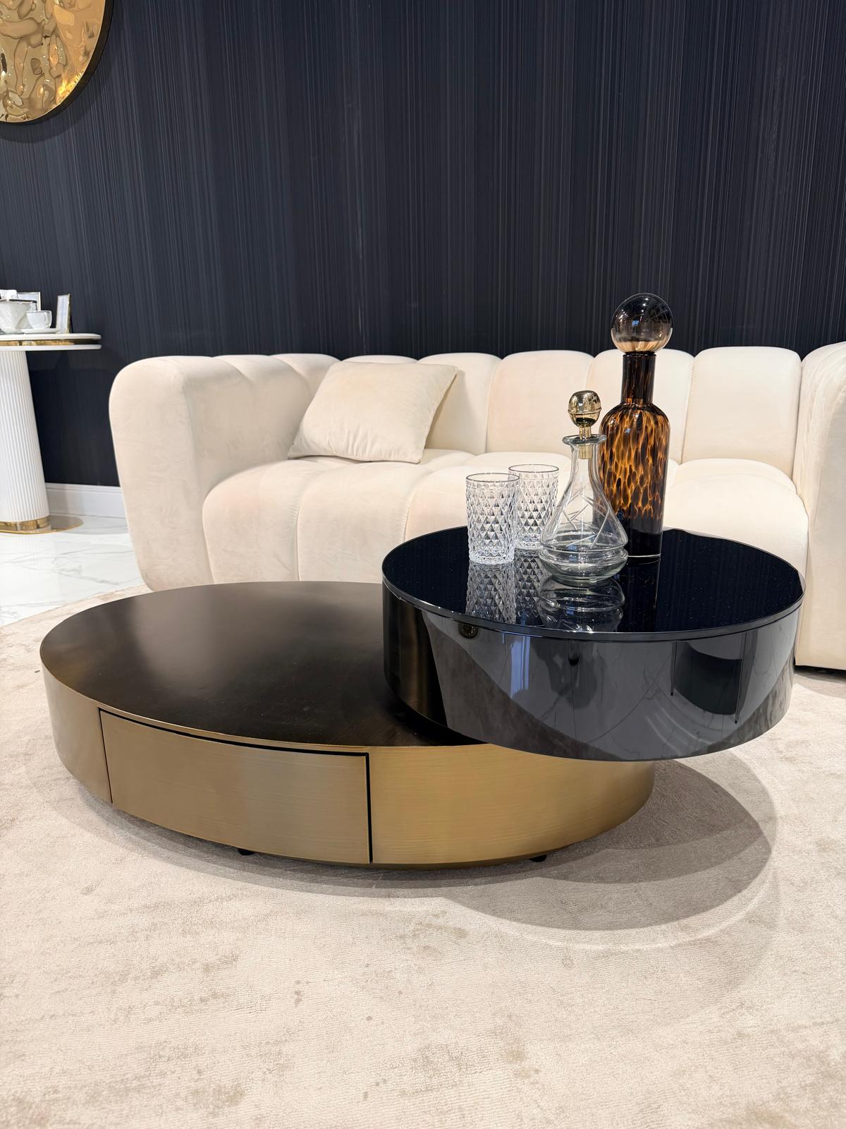 STOLIK KAWOWY Solari Ovale, obrotowy, duży stolik w kolorze szczotkowanego brązu, mały w kolorze czarnym z czarnym szkłem, nowoczesny