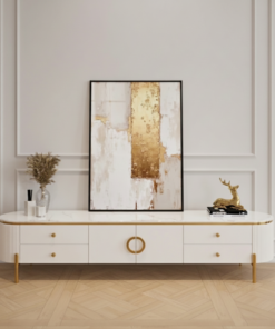 SZAFKA RTV Anne, biały korpus z ryflowanymi bokami, 1 para drzwi, 4 szuflady o gładkich frontach, złote błyszczące elementy, blat z konglomeratu marmurowego - 200 cm