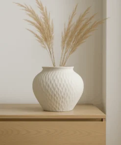 WAZON beżowy z kamionki, teksturowana powierzchnia, pofalowany rant otworu, nowoczesny styl, piekny