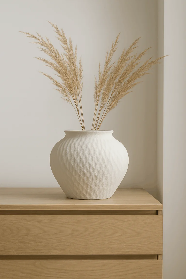 WAZON beżowy z kamionki, teksturowana powierzchnia, pofalowany rant otworu, nowoczesny styl, piekny