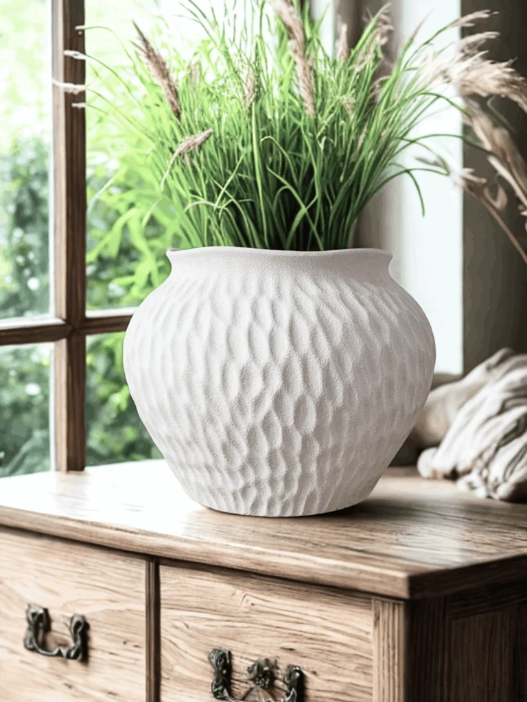 WAZON beżowy z kamionki, teksturowana powierzchnia, pofalowany rant otworu, nowoczesny styl, wyjątkowy