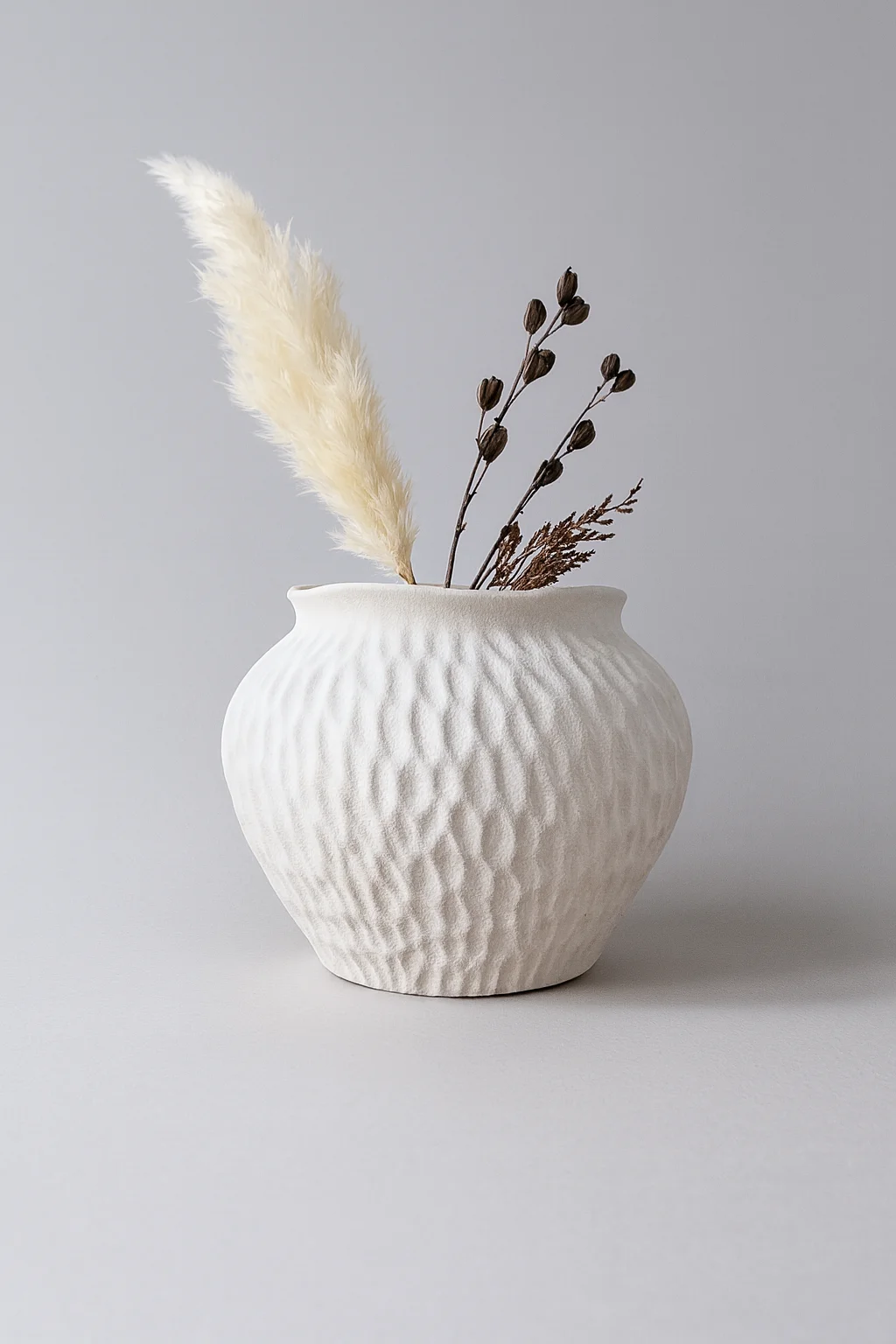 WAZON beżowy z kamionki, teksturowana powierzchnia, pofalowany rant otworu, nowoczesny styl