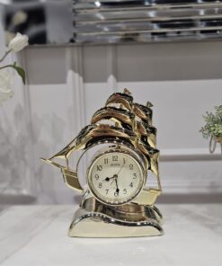 ZEGAR STOJĄCY złoty w kształcie okrętu, błyszczące wykończenie, centralnie umieszczona tarcz