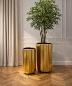 ZESTAW 2 DONIC wysokie, okrągłe, ryflowane, złote szczotkowane z ceramiki mrozoodpornej, do salonu