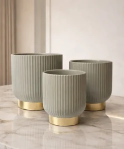 ZESTAW 3 DONIC ryflowanych, kaszmirowe, złoty pasek u dołu, z ceramiki mrozoodpornej, idealne do ogrodu