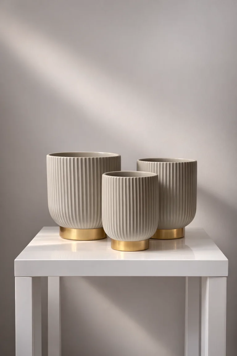 ZESTAW 3 DONIC ryflowanych, kaszmirowe, złoty pasek u dołu, z ceramiki mrozoodpornej, idealne do ogrodu, do salonu