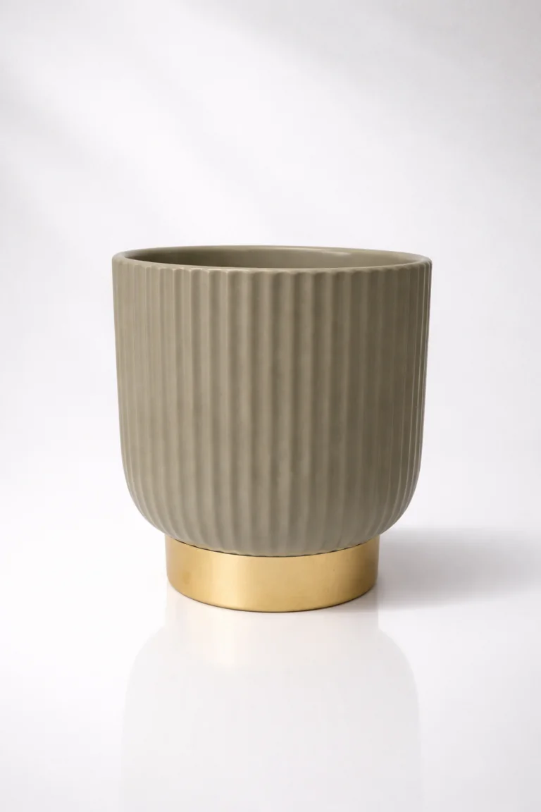 ZESTAW 3 DONIC ryflowanych, kaszmirowe, złoty pasek u dołu, z ceramiki mrozoodpornej, idealne do ogrodu, premium