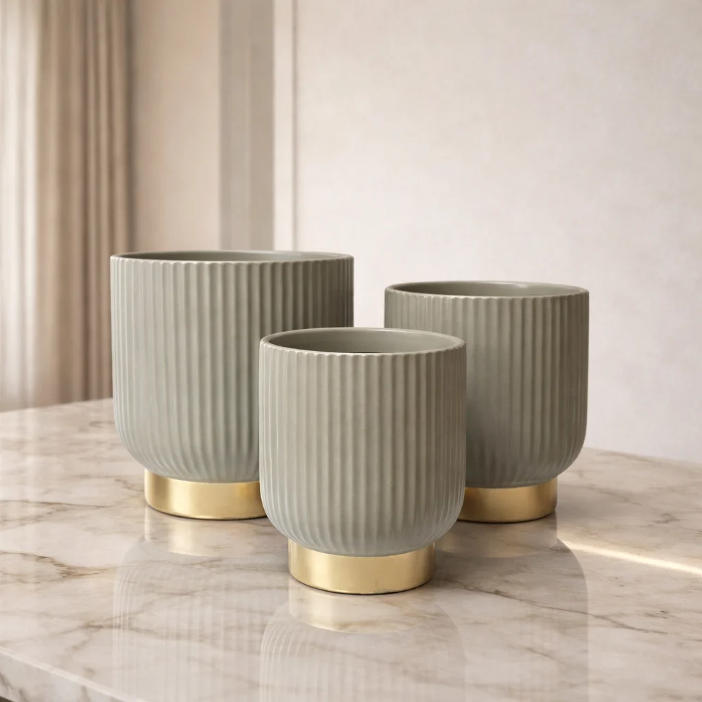 ZESTAW 3 DONIC ryflowanych, kaszmirowe, złoty pasek u dołu, z ceramiki mrozoodpornej, idealne do ogrodu