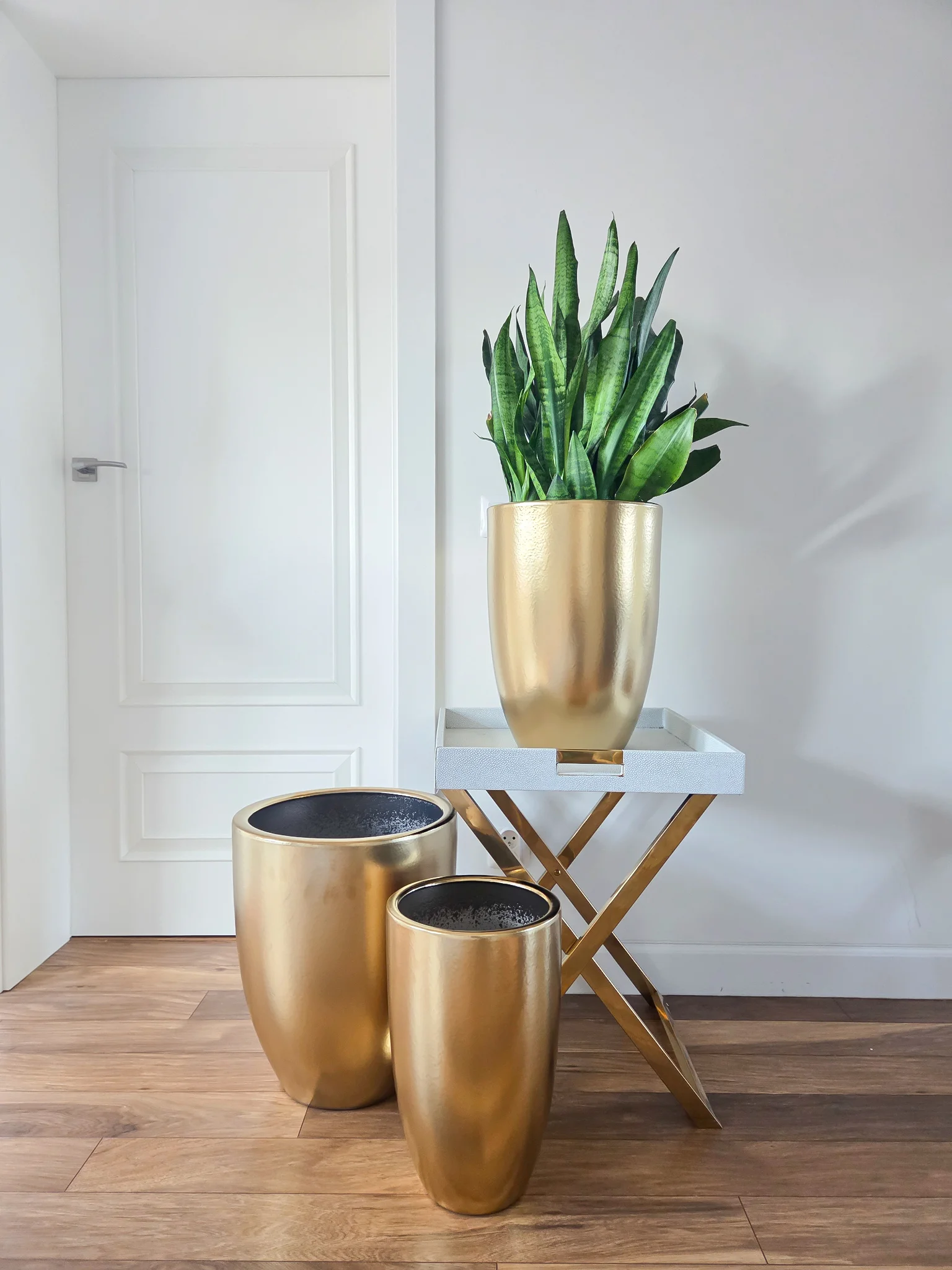 ZESTAW 3 DONIC z ceramiki mrozoodpornej, złote szczotkowane, zwężane ku dołowi, duże rozmiary, piękny