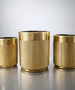 ZESTAW 3 DONIC złotych szczotkowanych, ceramicznych, ryflowane, styl glamour