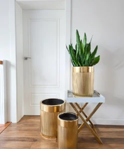 ZESTAW 3 DONIC złotych szczotkowanych, ceramicznych, ryflowane, styl glamour, piękny