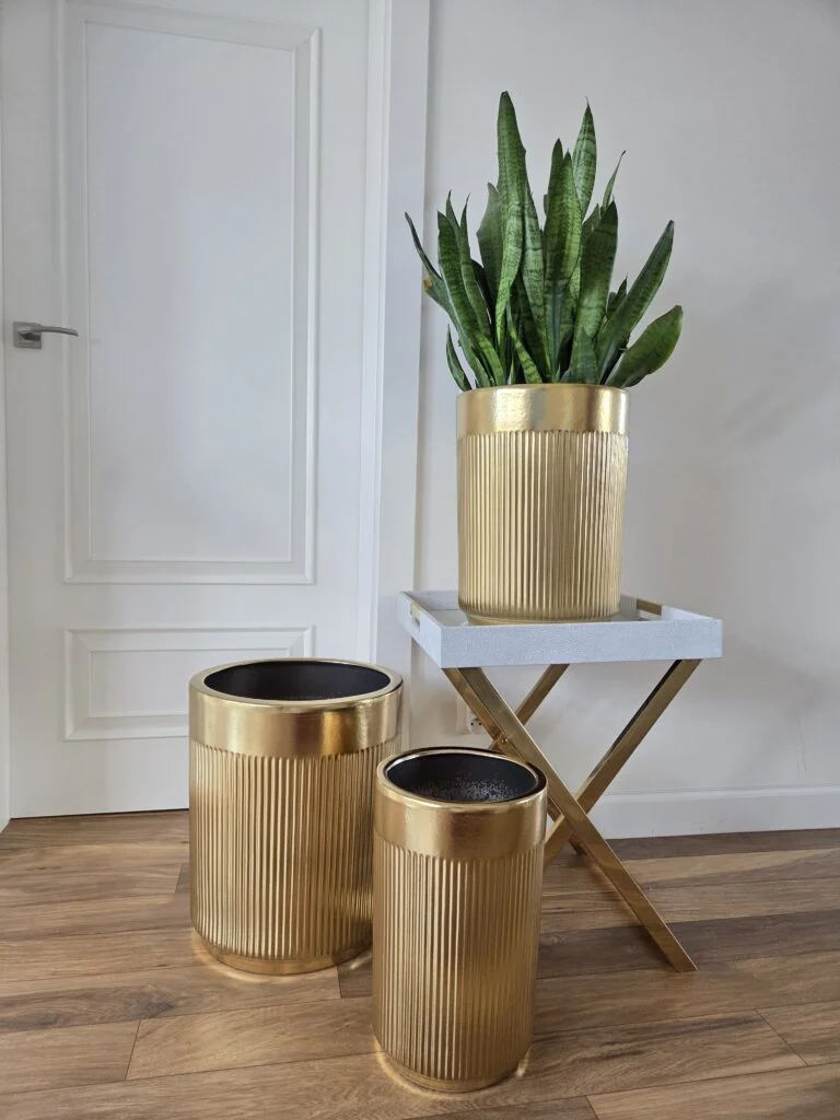 ZESTAW 3 DONIC złotych szczotkowanych, ceramicznych, ryflowane, styl glamour, premium