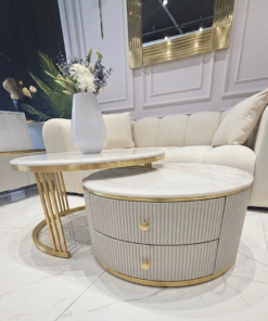 ZESTAW DWÓCH STOLIKÓW KAWOWYCH Anne Cashmir Fosco ryflowany, 2 szuflady, złote szczotkowane elementy, złoty stelaż, blat z konglomeratu marmurowego