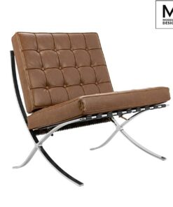 FOTEL Barcelona Vintage pokryty brązową ekoskórą przeszytą w elegancką kratkę, srebrne chromowane nogi, luksusowy styl