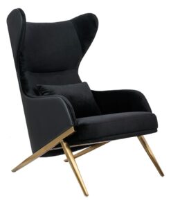 FOTEL Hampton Velvet tapicerowany czarną ekoskórą, złota metalowa podstawa, luksusowy