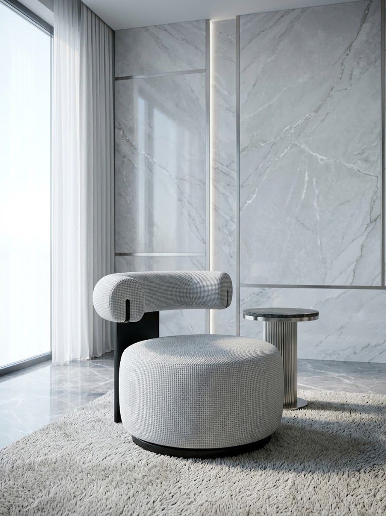 FOTEL okrągły z czarną podstawą, wygodne siedzisko z zagłówkiem w formie walca, jasnoszara tapicerka, nowoczesny design, piękny FOTEL okrągły z czarną podstawą, wygodne siedzisko z zagłówkiem w formie walca, jasnoszara tapicerka, nowoczesny design, piękny