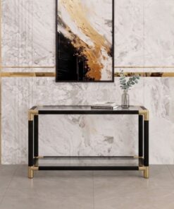 KONSOLA prostokątna z czarnym stelażem i złotymi detalami, 2 szklane blaty, nowoczesny design