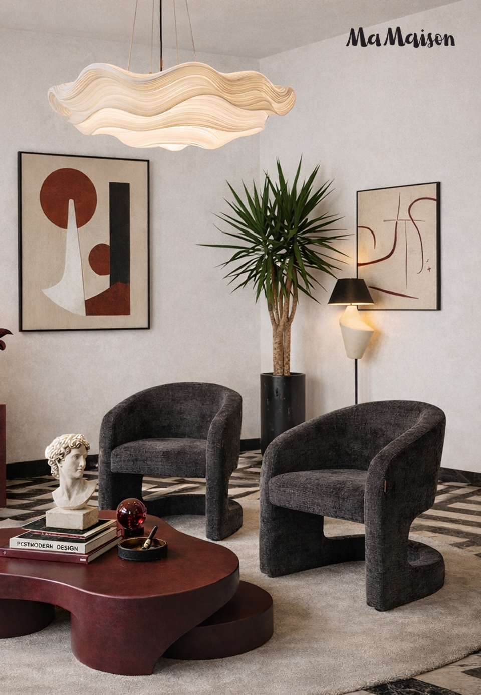 KRZESŁO Shelly o zaokrąglonych kształtach, czarna tapicerka o delikatnej strukturze, designerski styl, do salonu KRZESŁO Shelly o zaokrąglonych kształtach, czarna tapicerka o delikatnej strukturze, designerski styl, do salonu