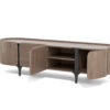 SZAFKA RTV w kolorze orzecha włoskiego, metalowa podstawa oraz akcenty w czarnym kolorze, zaokrąglona bryła, minimalistyczna, ekskluzywna