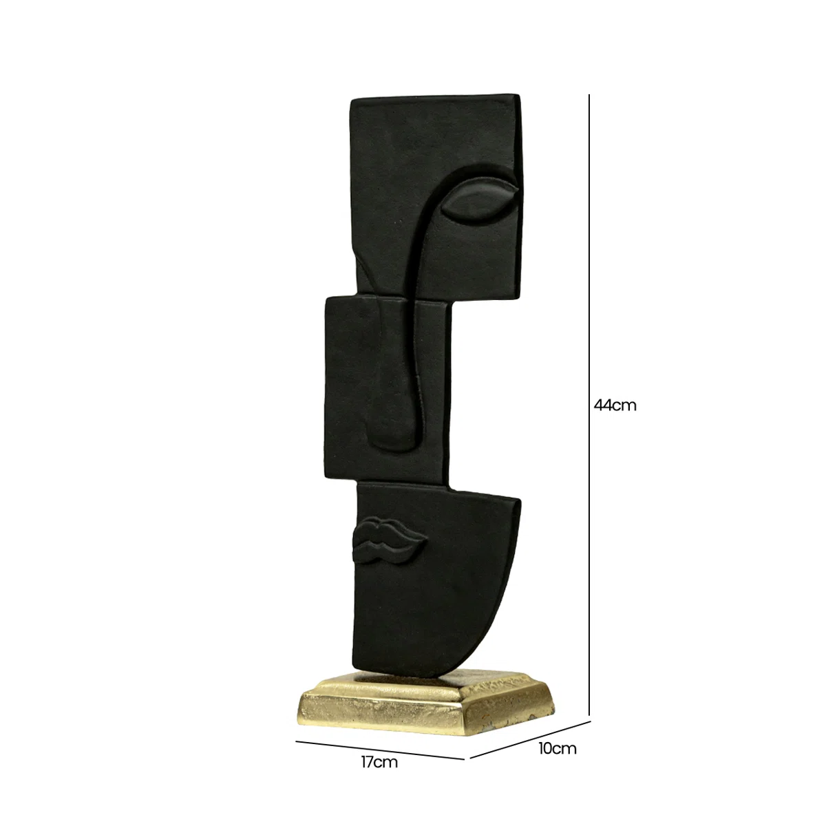 FIGURKA DEKORACYJNA abstrakcyjna forma twarzy, czarna, złota podstawa, metalowa, designerska, wymiary FIGURKA DEKORACYJNA abstrakcyjna forma twarzy, czarna, złota podstawa, metalowa, designerska, wymiary