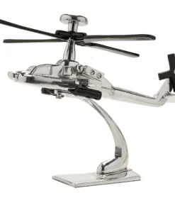 FIGURKA w kształcie helikoptera Apache, metalowa w srebrnym wykończeniu z czernymi akcentami, nowoczesna, piękna