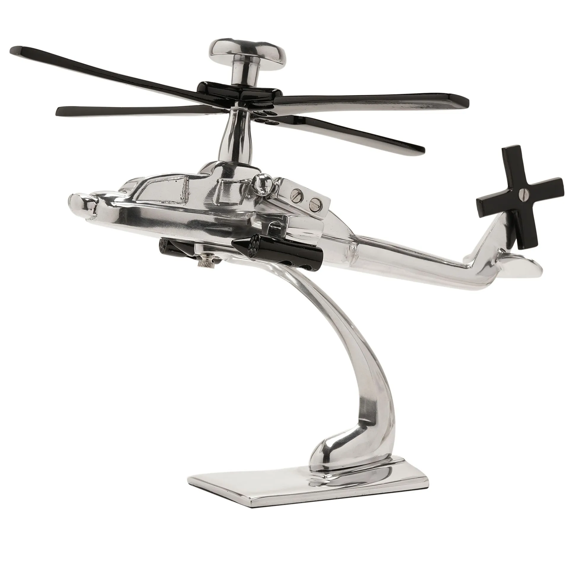 FIGURKA w kształcie helikoptera Apache, metalowa w srebrnym wykończeniu z czernymi akcentami, nowoczesna, piękna