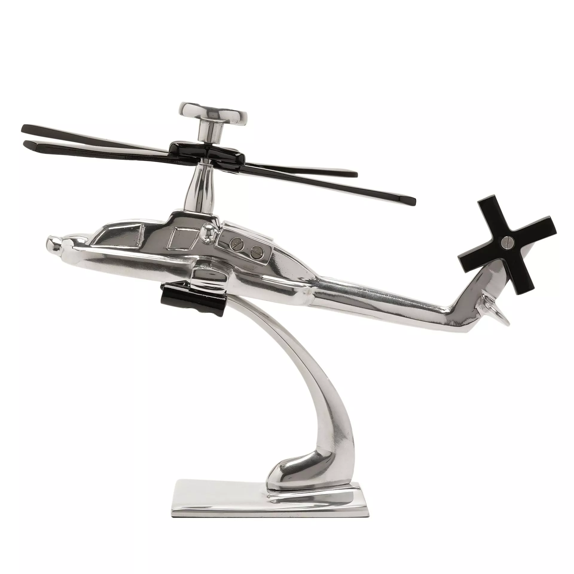 FIGURKA w kształcie helikoptera Apache, metalowa w srebrnym wykończeniu z czernymi akcentami, nowoczesna, premium