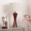 LAMPA STOŁOWA z fioletową, szklaną podstawą, biały lniany abażur, srebrne metalowe detale
