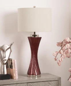 LAMPA STOŁOWA z fioletową, szklaną podstawą, biały lniany abażur, srebrne metalowe detale