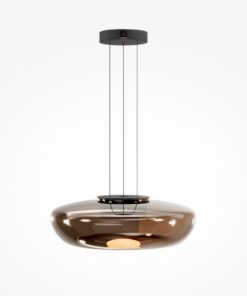 LAMPA WISZĄCA Bassa z okrągłym, szklanym kloszem w brązowej kolorystyce, czarny, metalowy stelaż, nowoczesny styl, piękny