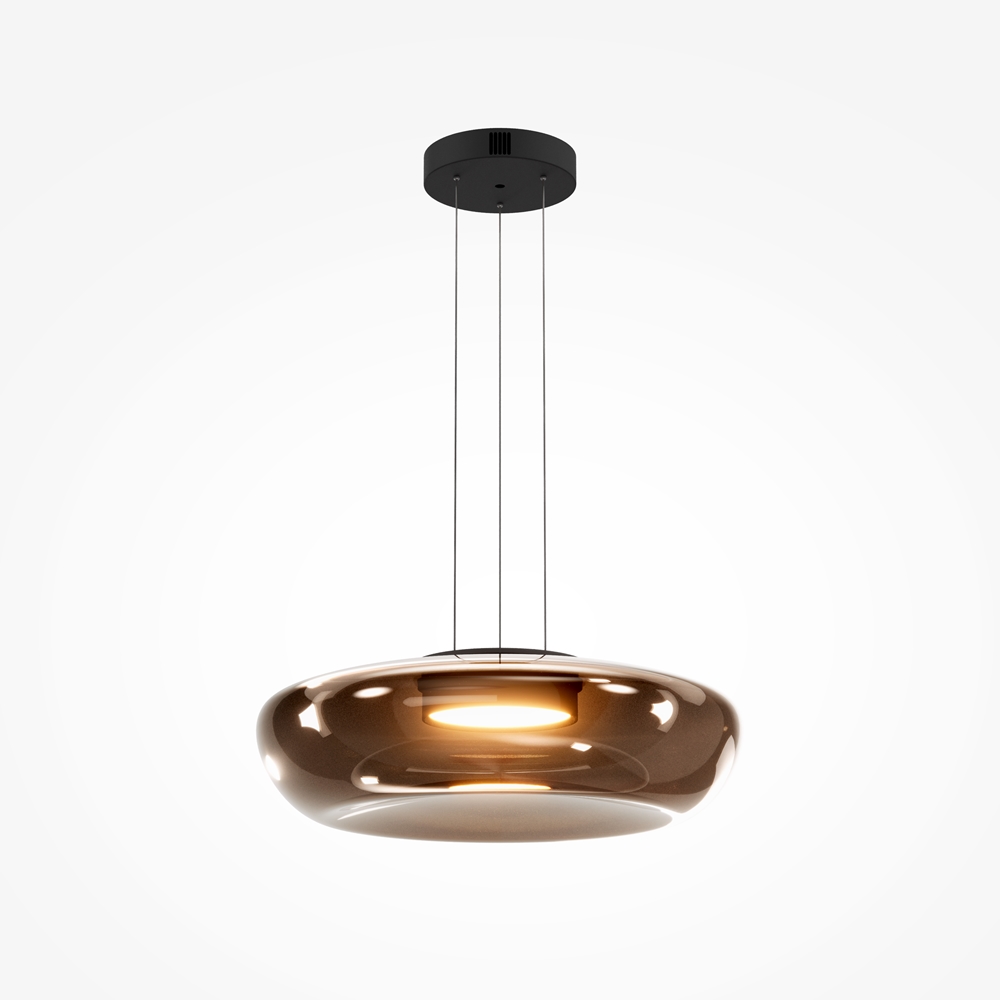 LAMPA WISZĄCA Bassa z okrągłym, szklanym kloszem w brązowej kolorystyce, czarny, metalowy stelaż, nowoczesny styl