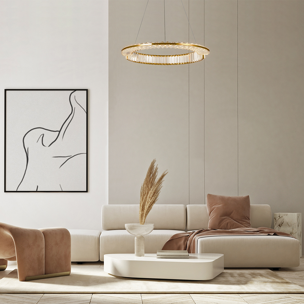LAMPA WISZĄCA Krone z złotym, błyszczącym stelażem, okrągły kształt, kryształowe elementy, nowoczesny styl, do salonu LAMPA WISZĄCA Krone z złotym, błyszczącym stelażem, okrągły kształt, kryształowe elementy, nowoczesny styl, do salonu