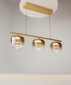 LAMPA WISZĄCA Spirito złoty, metalowy stelaż, trzy szklane klosze w transparentno-złotym ombre, nowoczesny styl