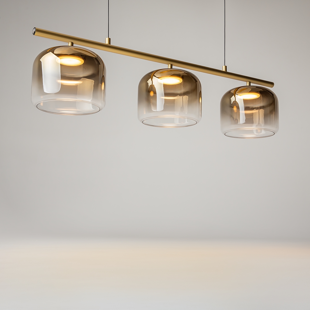 LAMPA WISZĄCA Spirito złoty, metalowy stelaż, trzy szklane klosze w transparentno-złotym ombre, nowoczesny styl, ekskluzywna