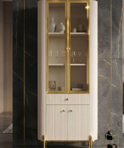 REGAŁ Anne Cashmir z ryflowanym, kaszmirowym korpusem, metalowe detale w złotym, błyszczącym wykończeniu, szklana witrynka, nowoczesny design