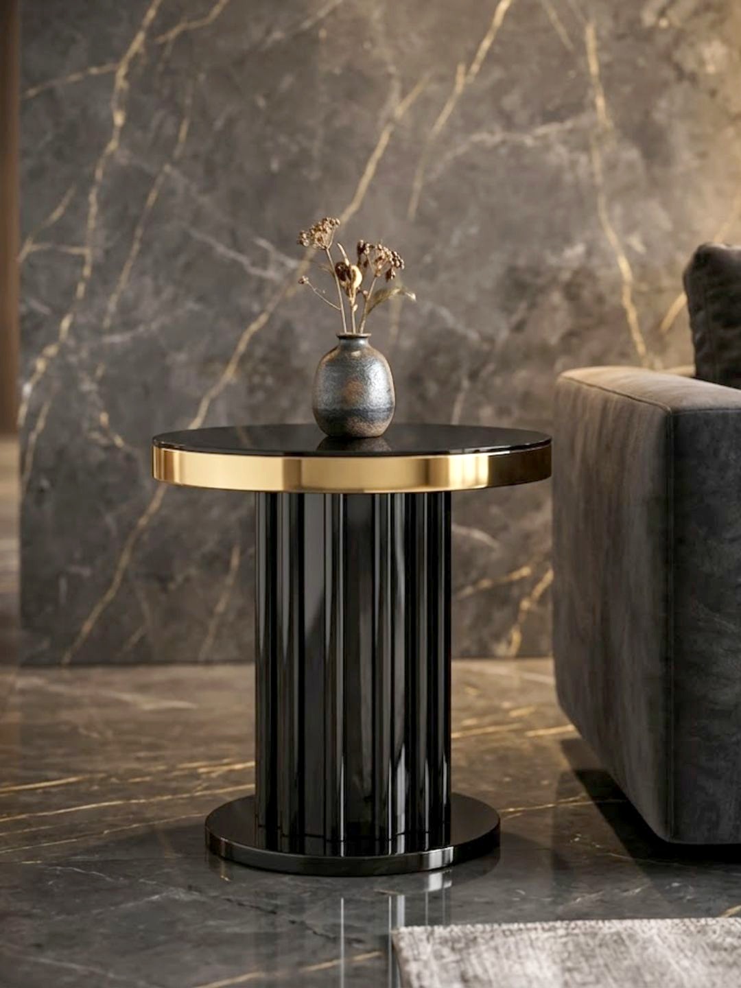 STOLIK KAWOWY Riviera Nero Gold, czarna, designerska podstawa, czarny blat z konglomeratu, złoty błyszczący pas, nowoczesny styl STOLIK KAWOWY Riviera Nero Gold, czarna, designerska podstawa, czarny blat z konglomeratu, złoty błyszczący pas, nowoczesny styl
