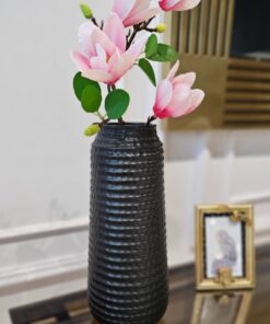 WAZON ceramiczny, czarny, okrągły, poziome prążkowania, nowoczesny