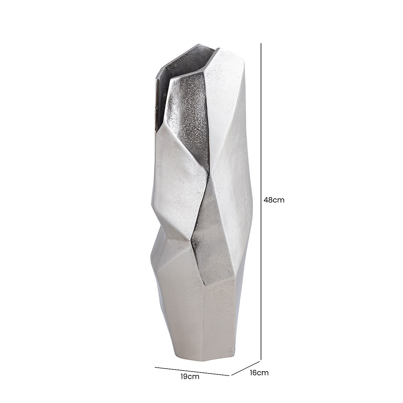 WAZON dekoracyjny, aluminiowy, geometryczna forma, srebrne wykończenie, wymiary