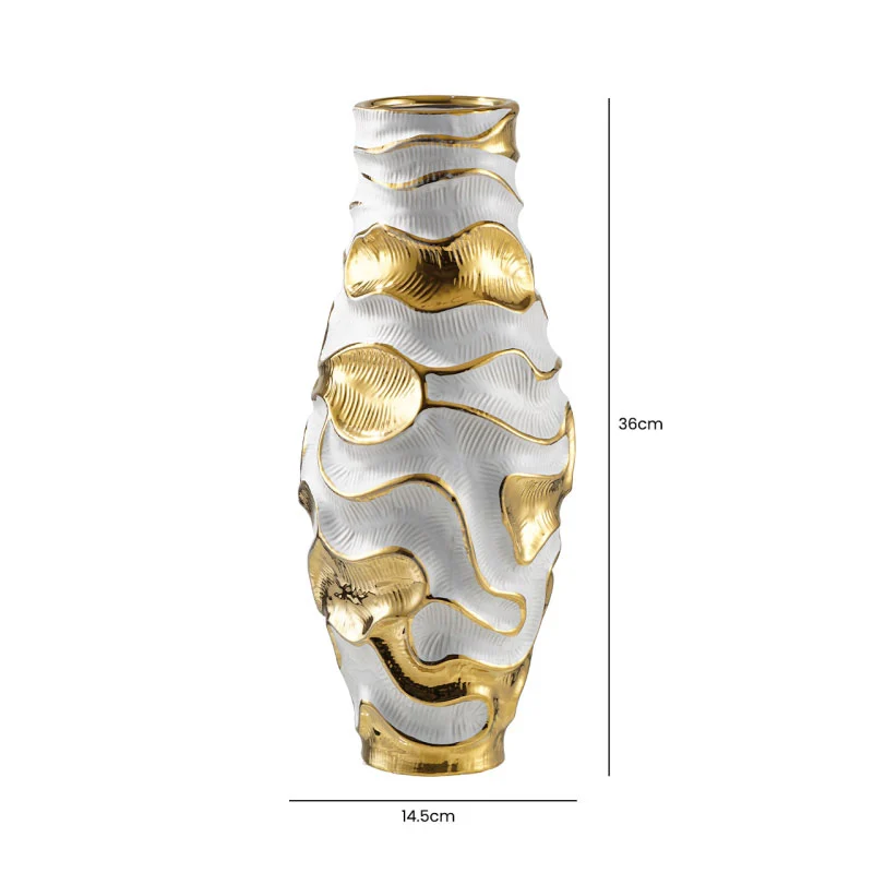 WAZON dekoracyjny, ceramiczny, biało-złota kolorystyka, falista tekstura, nowoczesny styl, wymiary WAZON dekoracyjny, ceramiczny, biało-złota kolorystyka, falista tekstura, nowoczesny styl, wymiary
