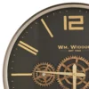 ZEGAR ŚCIENNY okrągły, czarna tarcza z złotymi wskazówkami i detalami, widoczny mechanizm, industrialny, premium