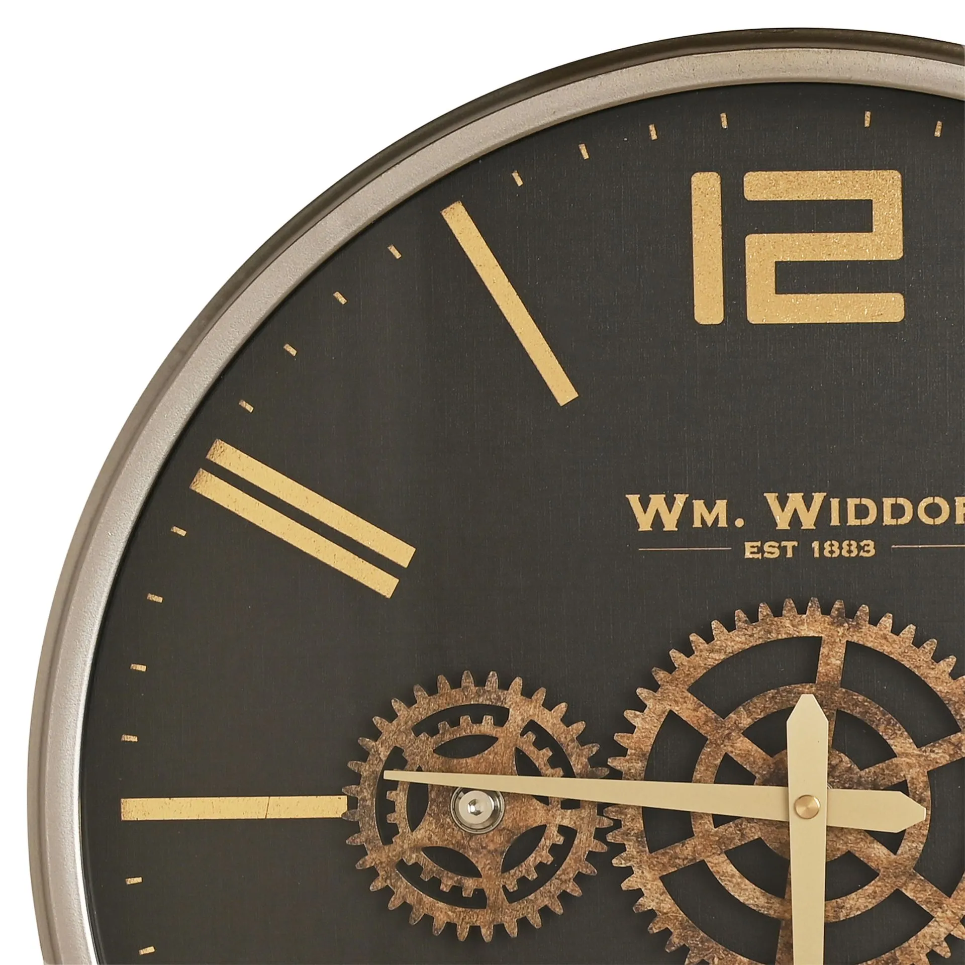 ZEGAR ŚCIENNY okrągły, czarna tarcza z złotymi wskazówkami i detalami, widoczny mechanizm, industrialny, premium