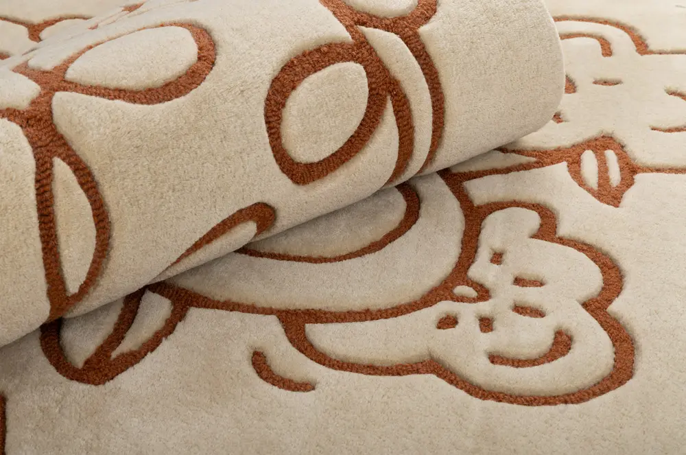 DYWAN Florence Terracotta, wełniany, ręcznie tuftowany, zaprojektowany przez Malwinę Konopacką, designerski styl, nagrodzony nagrodą Red Dot, premium